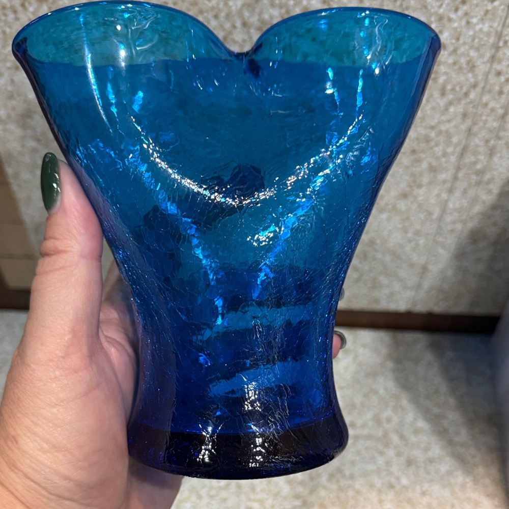 Vintage Vibrant Blue Crackle Glass Pinched Vase